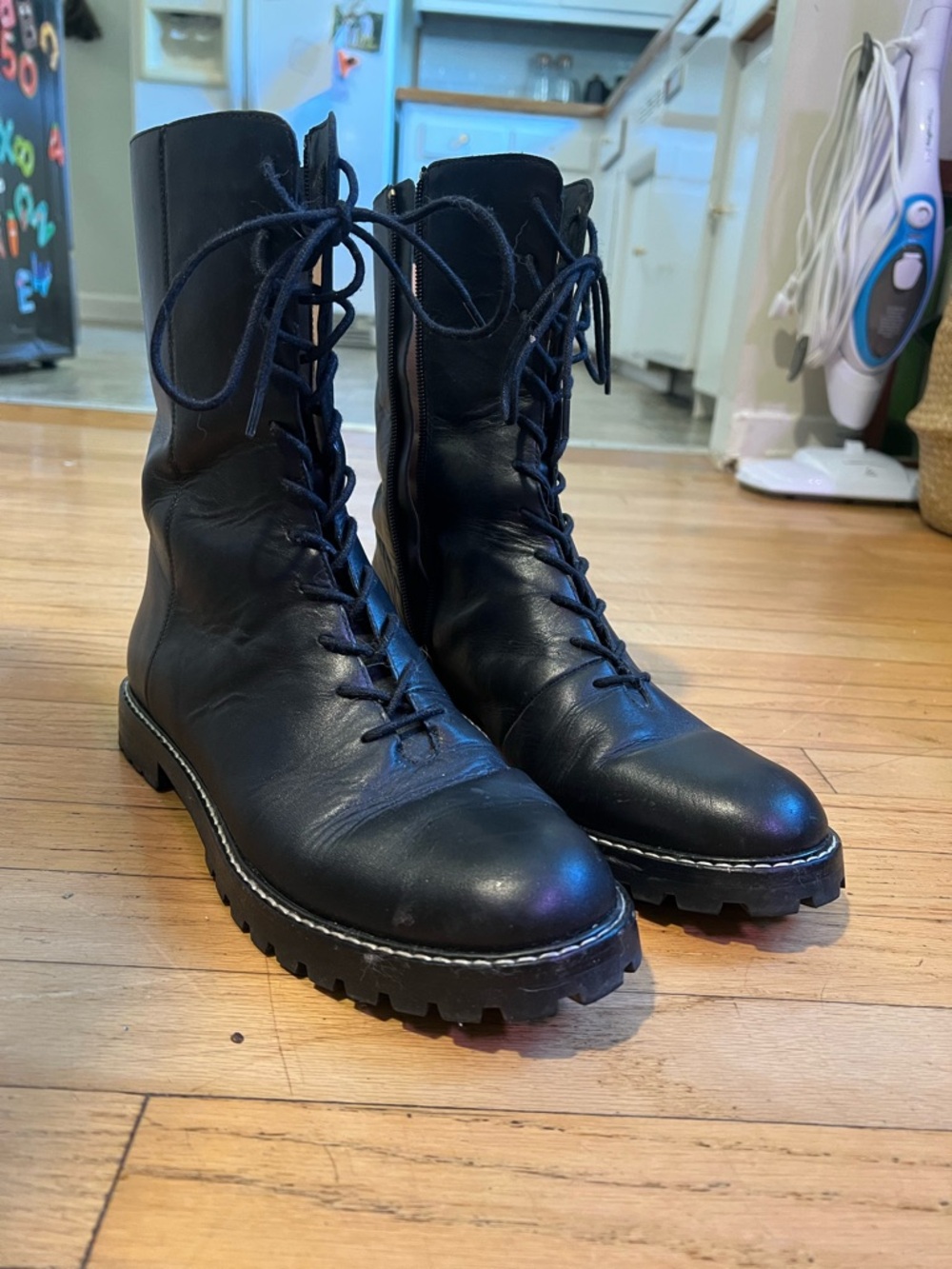 Womens Black Leather Lace-Up Combat Boots